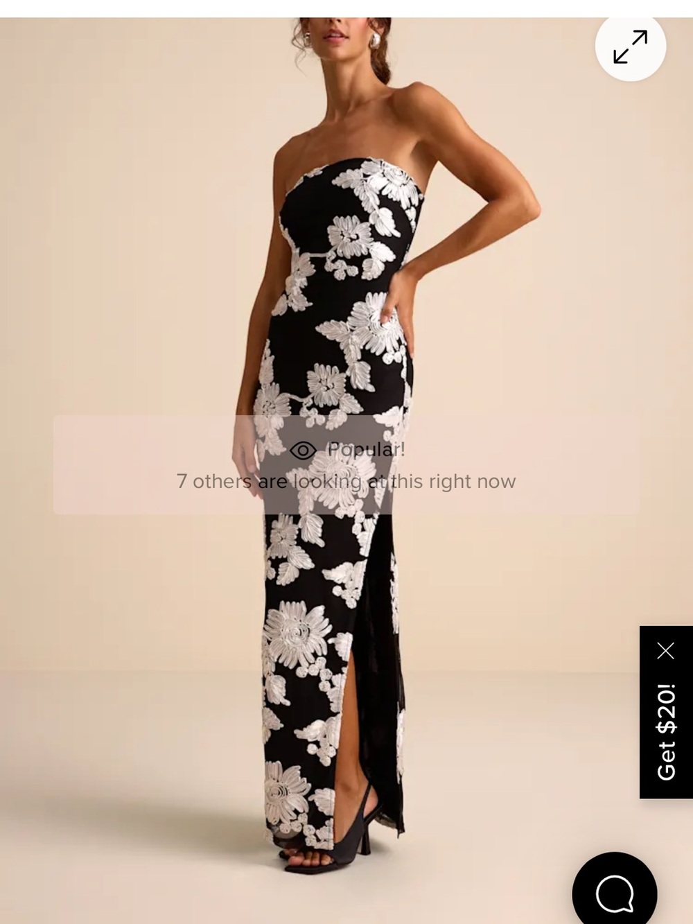 Lulu's Black Strapless Gown with White Floral Appliqué
